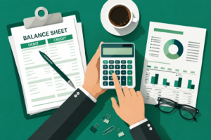 Hands use a calculator beside a balance sheet showing Debit and Credit on a green desk with graphs, glasses, and coffee nearby.