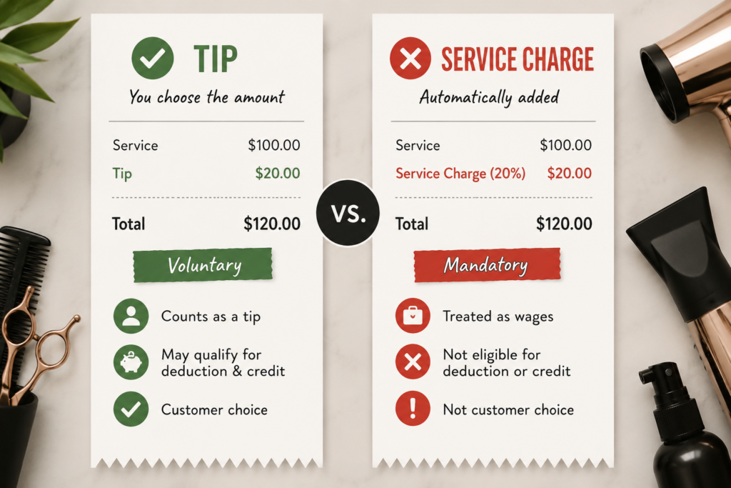 Tips vs. Service Charges receipt graphic